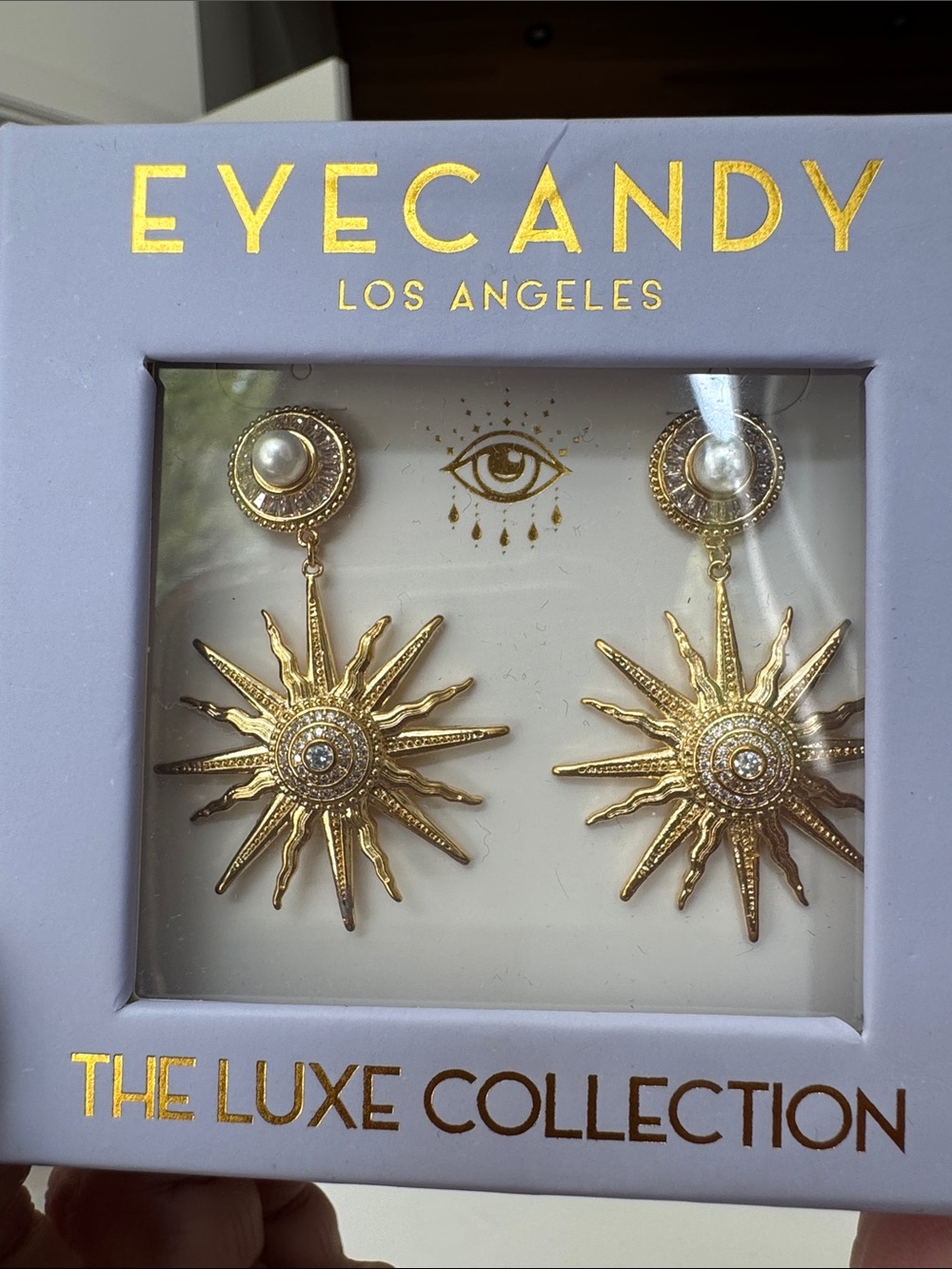 NIB Gold Sunburst Swarovski crystals Drop Earrings - Luxe Collection
